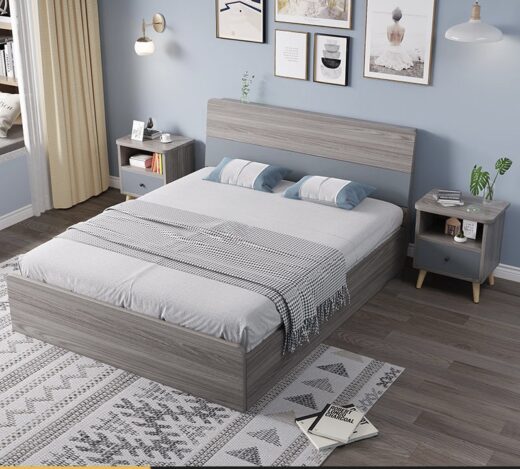 Modern Solid Wood Bed with Flat Headboard - Grey Finish