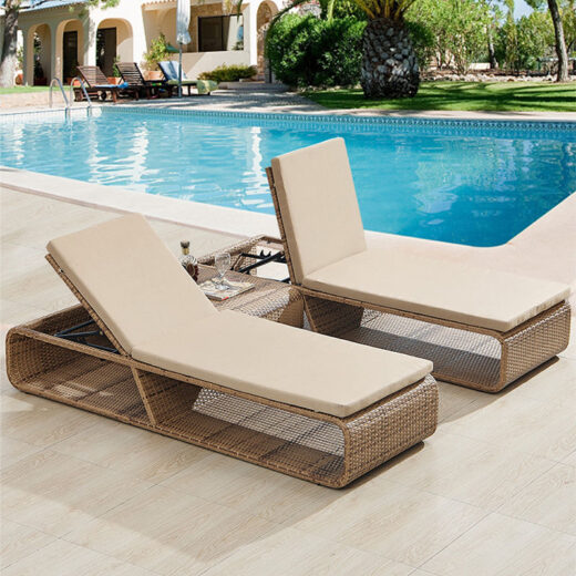 Modern outdoor rattan sun lounger with adjustable backrest + coffee table