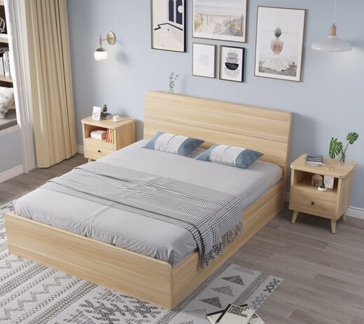 Modern Solid Wood Bed with Flat Headboard - Grey Finish
