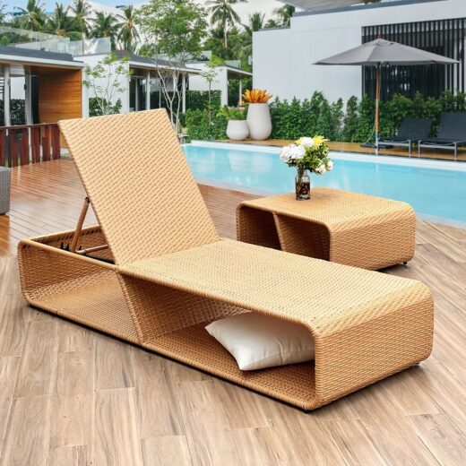 Modern outdoor rattan sun lounger with adjustable backrest + coffee table