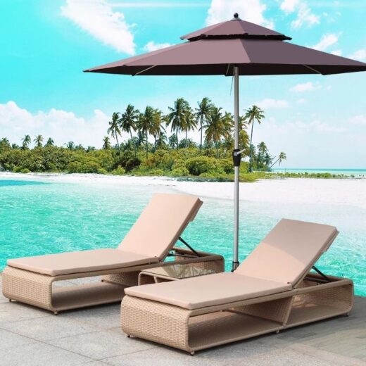 Modern outdoor rattan sun lounger with adjustable backrest + coffee table