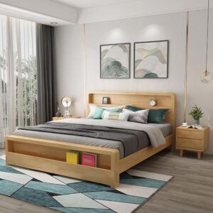 Modern Solid Wood Bed with Footboard Drawers