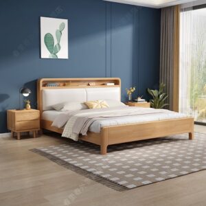 Modern Solid Wood Bed with Storage Headboard