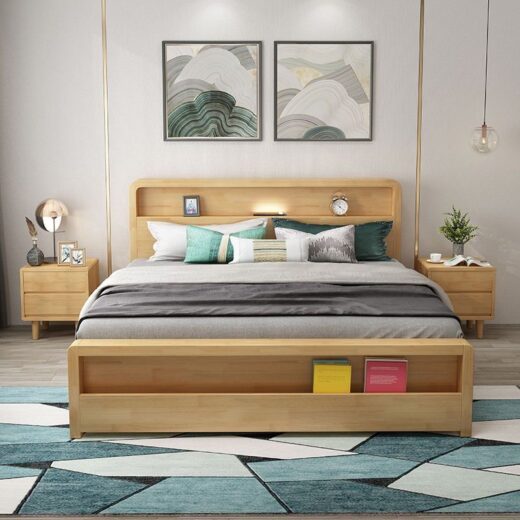 Modern Solid Wood Bed with Footboard Drawers