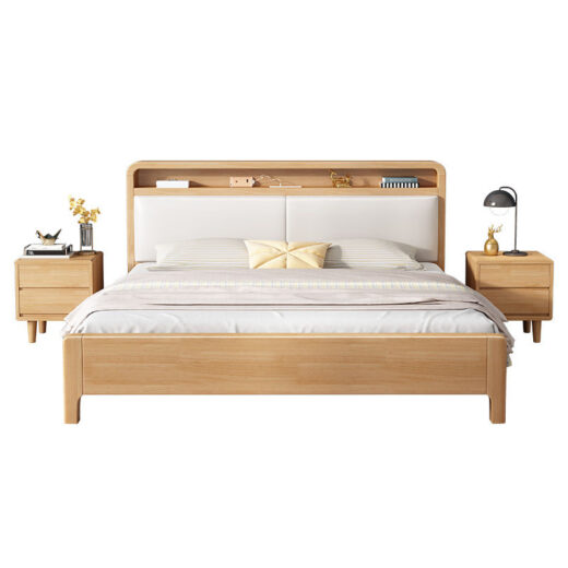 Modern Solid Wood Bed with Storage Headboard