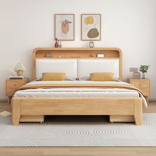 Modern Solid Wood Bed with Storage Headboard
