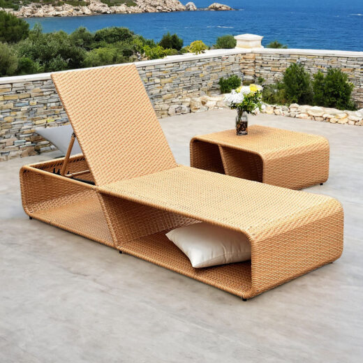 Modern outdoor rattan sun lounger with adjustable backrest + coffee table