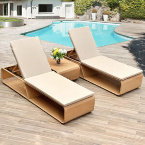 Modern outdoor rattan sun lounger with adjustable backrest + coffee table
