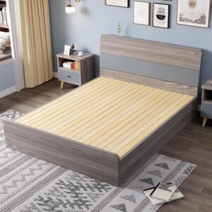 Modern Solid Wood Bed with Flat Headboard - Grey Finish