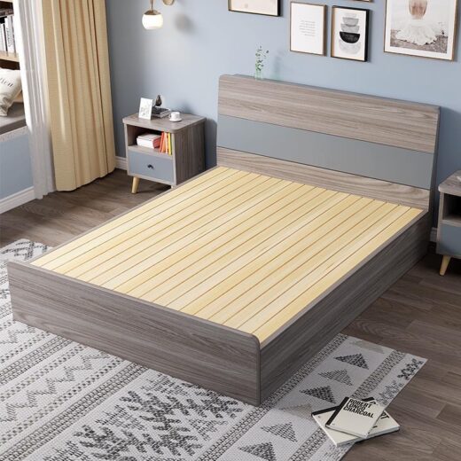 Modern Solid Wood Bed with Flat Headboard - Grey Finish