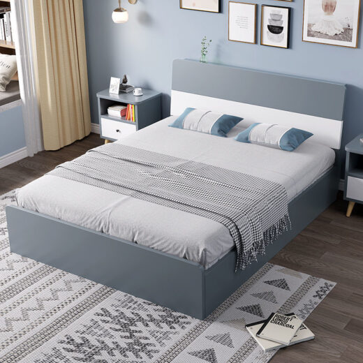 Modern Solid Wood Bed with Flat Headboard - Grey Finish