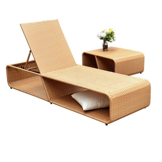 Modern outdoor rattan sun lounger with adjustable backrest + coffee table